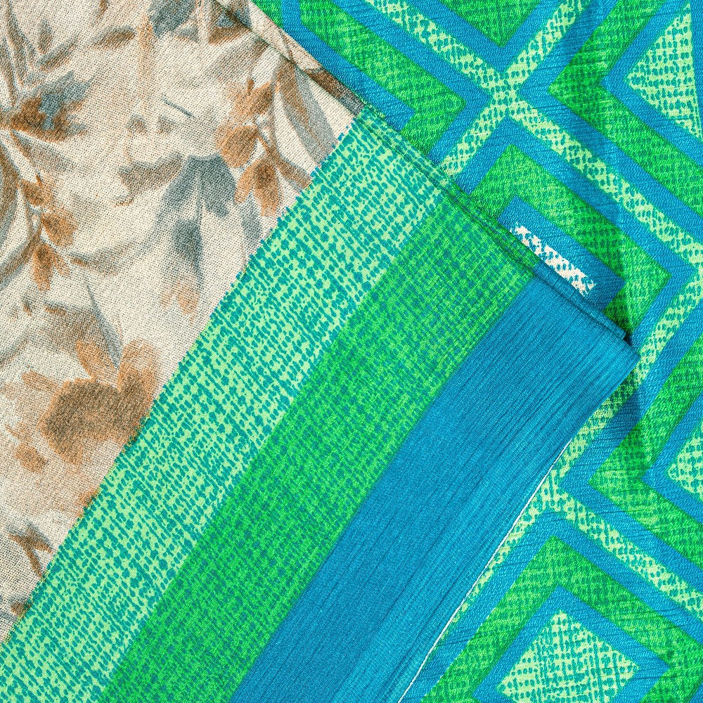 Sanskriti Vintage Gray-Green Moss Crepe Sarees Geometric Printed Sari 5YD Fabric