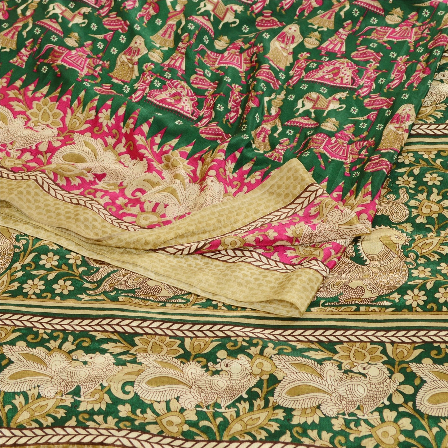 Sanskriti Vintage Green Peacock Human Print Sarees Moss Crepe Sari Craft Fabric