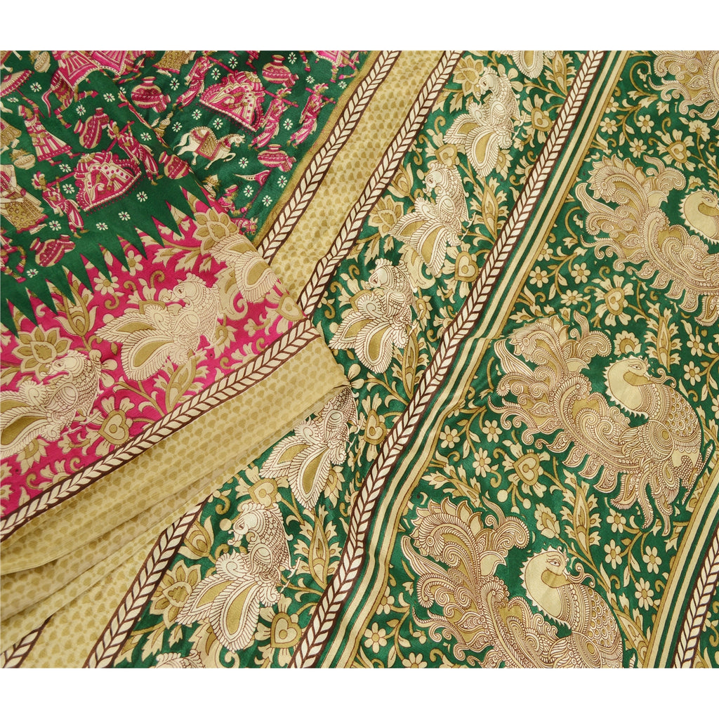 Sanskriti Vintage Green Peacock Human Print Sarees Moss Crepe Sari Craft Fabric