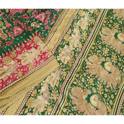 Sanskriti Vintage Green Peacock Human Print Sarees Moss Crepe Sari Craft Fabric