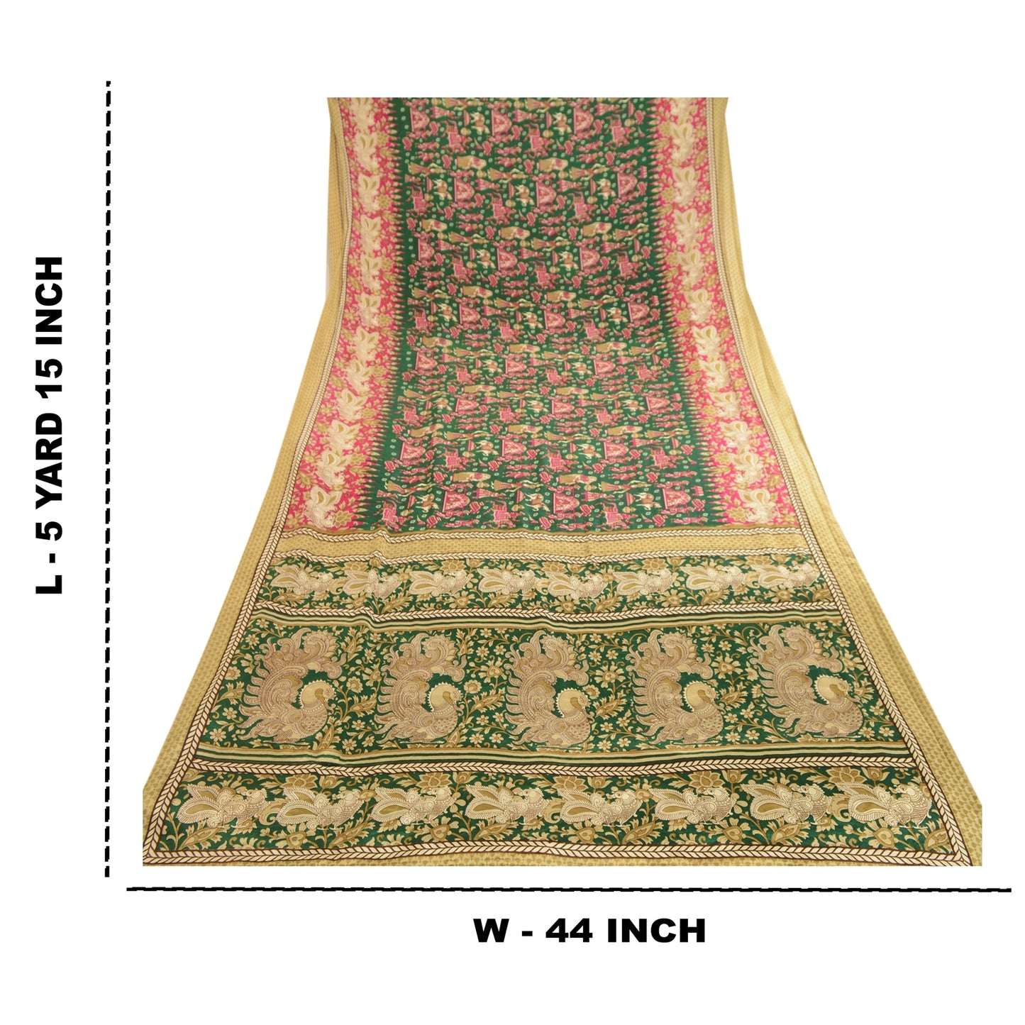 Sanskriti Vintage Green Peacock Human Print Sarees Moss Crepe Sari Craft Fabric