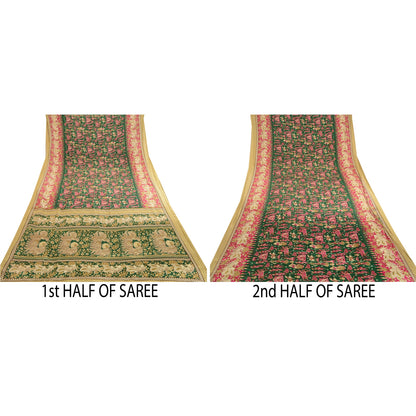 Sanskriti Vintage Green Peacock Human Print Sarees Moss Crepe Sari Craft Fabric