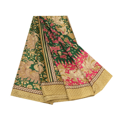 Sanskriti Vintage Green Peacock Human Print Sarees Moss Crepe Sari Craft Fabric