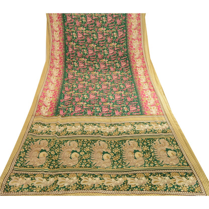Sanskriti Vintage Green Peacock Human Print Sarees Moss Crepe Sari Craft Fabric