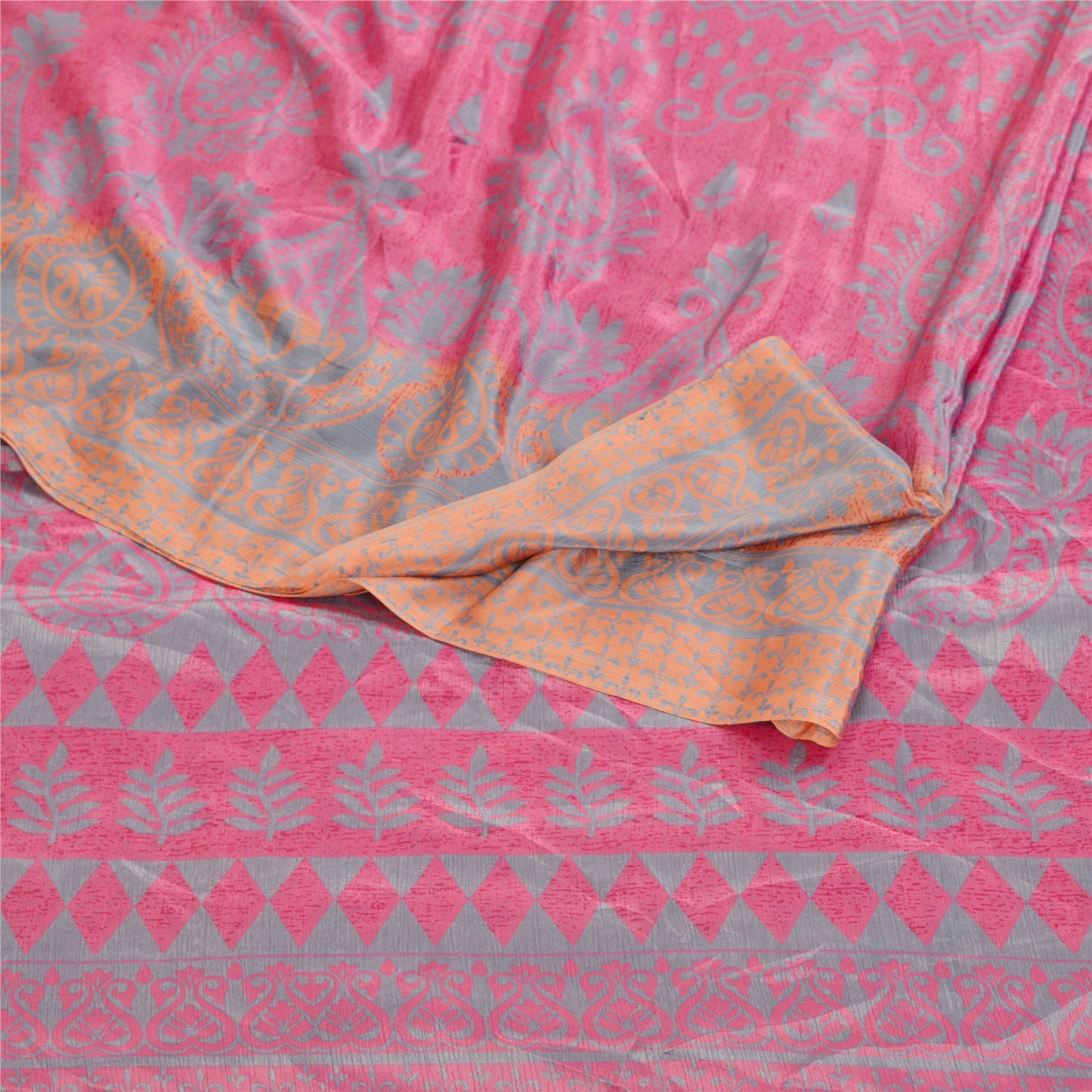 Sanskriti Vintage Pink Sarees Moss Crepe Sari Printed Floral 6 YD Craft Fabric