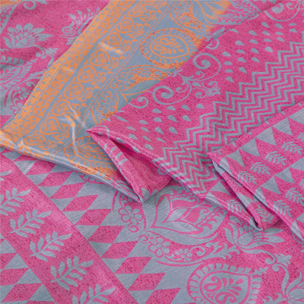 Sanskriti Vintage Pink Sarees Moss Crepe Sari Printed Floral 6 YD Craft Fabric