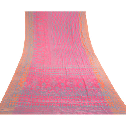 Sanskriti Vintage Pink Sarees Moss Crepe Sari Printed Floral 6 YD Craft Fabric