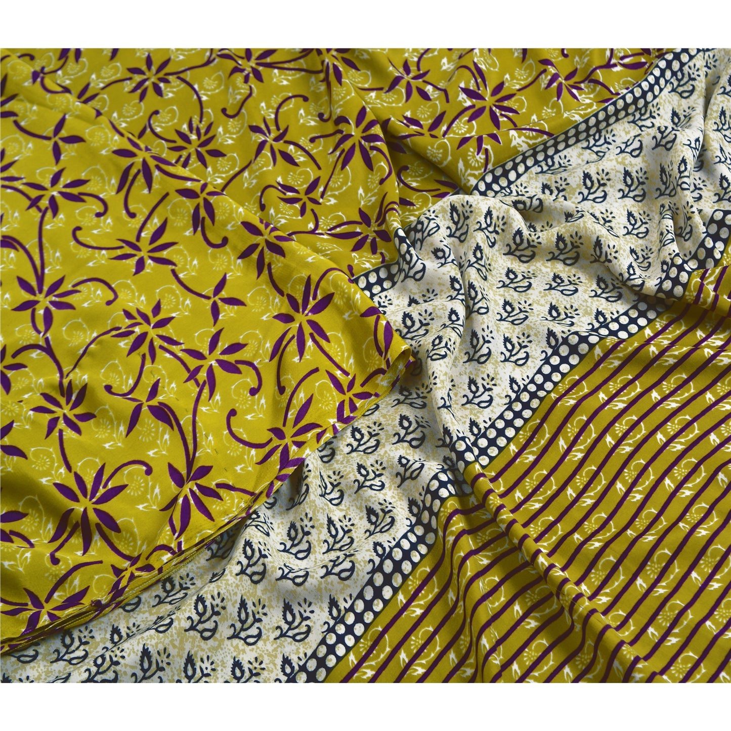 Sanskriti Vintage Ivory Sarees Moss Crepe Sari Printed Floral Soft Craft Fabric