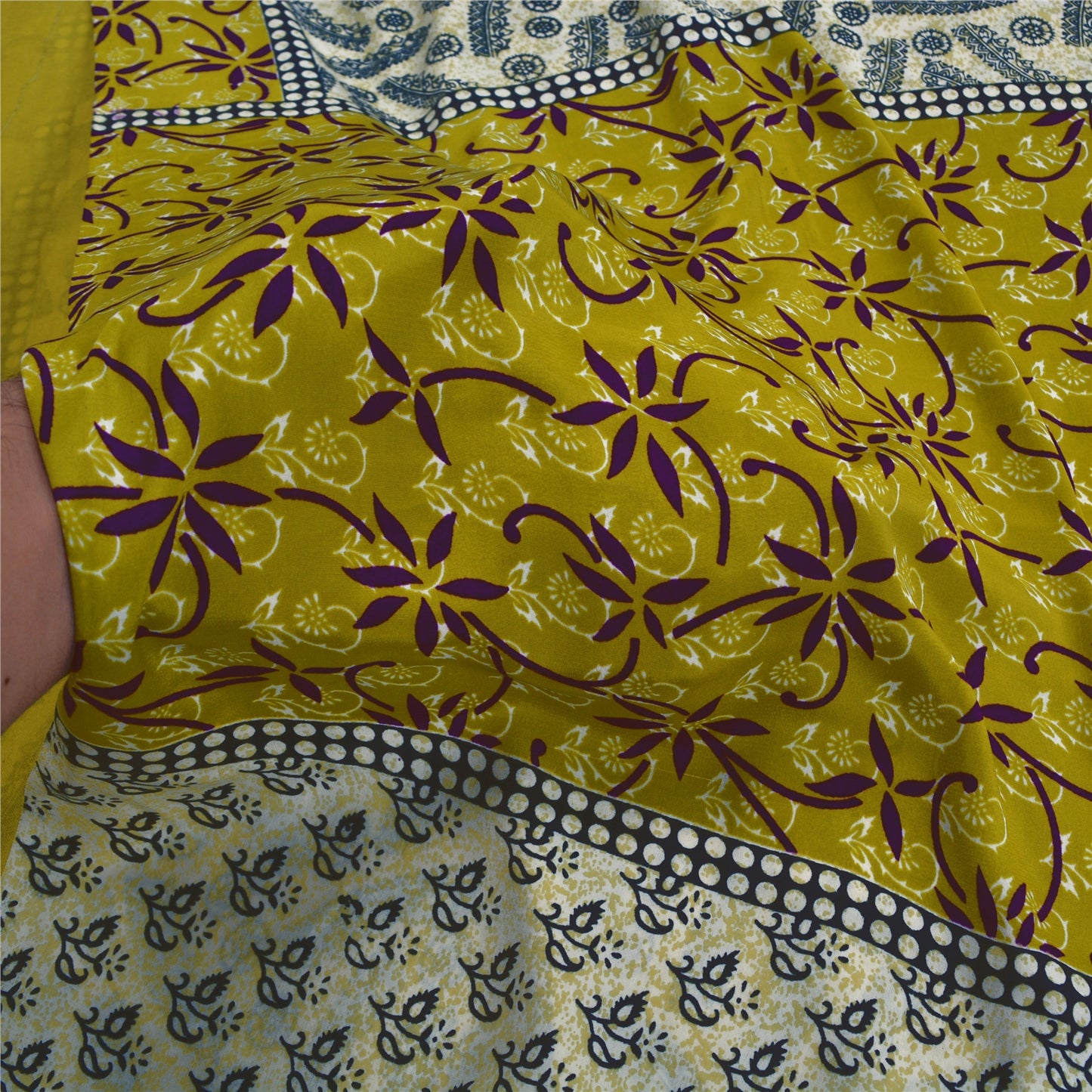 Sanskriti Vintage Ivory Sarees Moss Crepe Sari Printed Floral Soft Craft Fabric