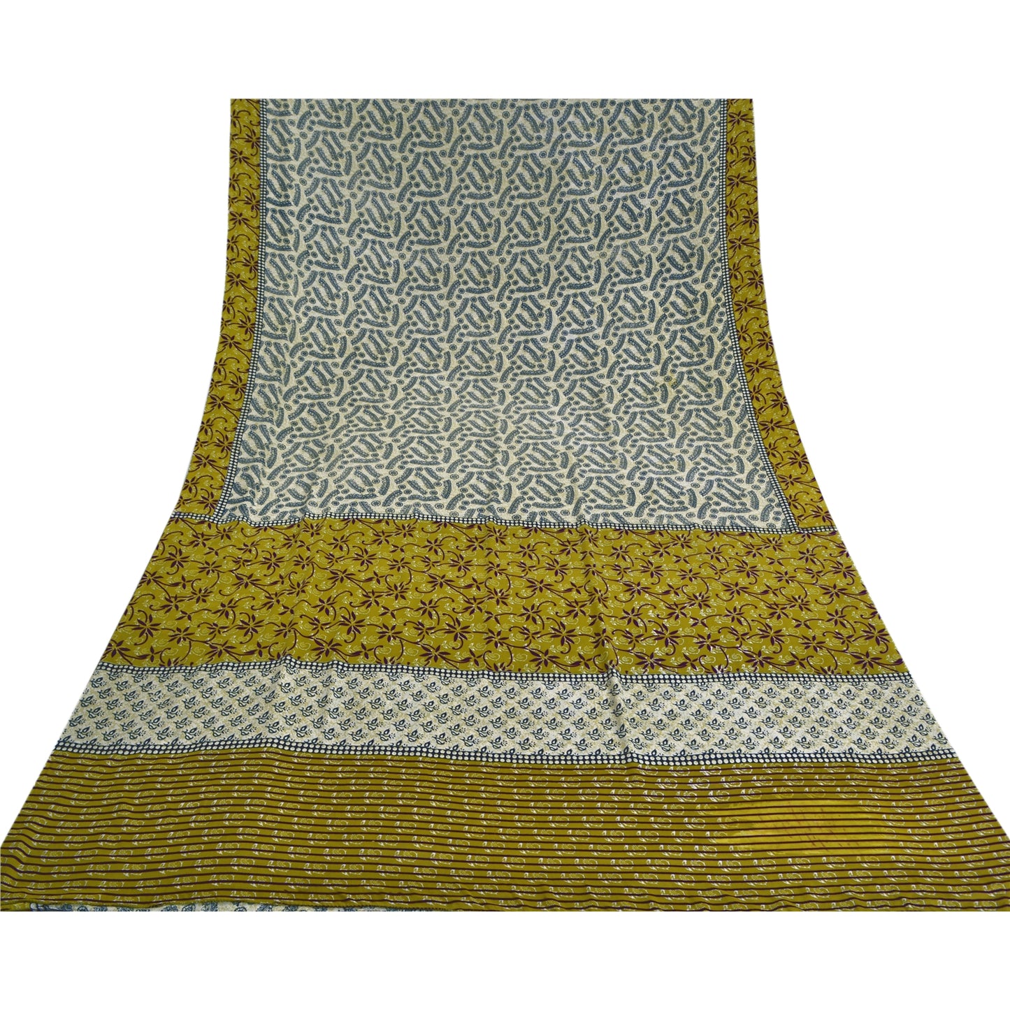 Sanskriti Vintage Ivory Sarees Moss Crepe Sari Printed Floral Soft Craft Fabric