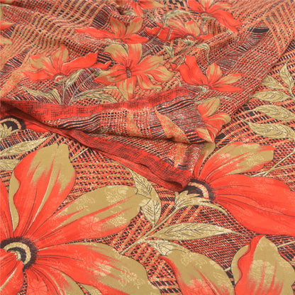 Sanskriti Vintage Red Sarees Moss Crepe Sari Printed Floral Soft Craft Fabric