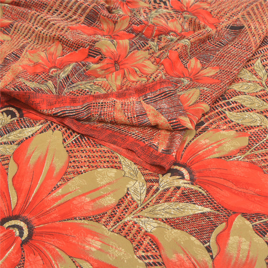 Sanskriti Vintage Red Sarees Moss Crepe Sari Printed Floral Soft Craft Fabric