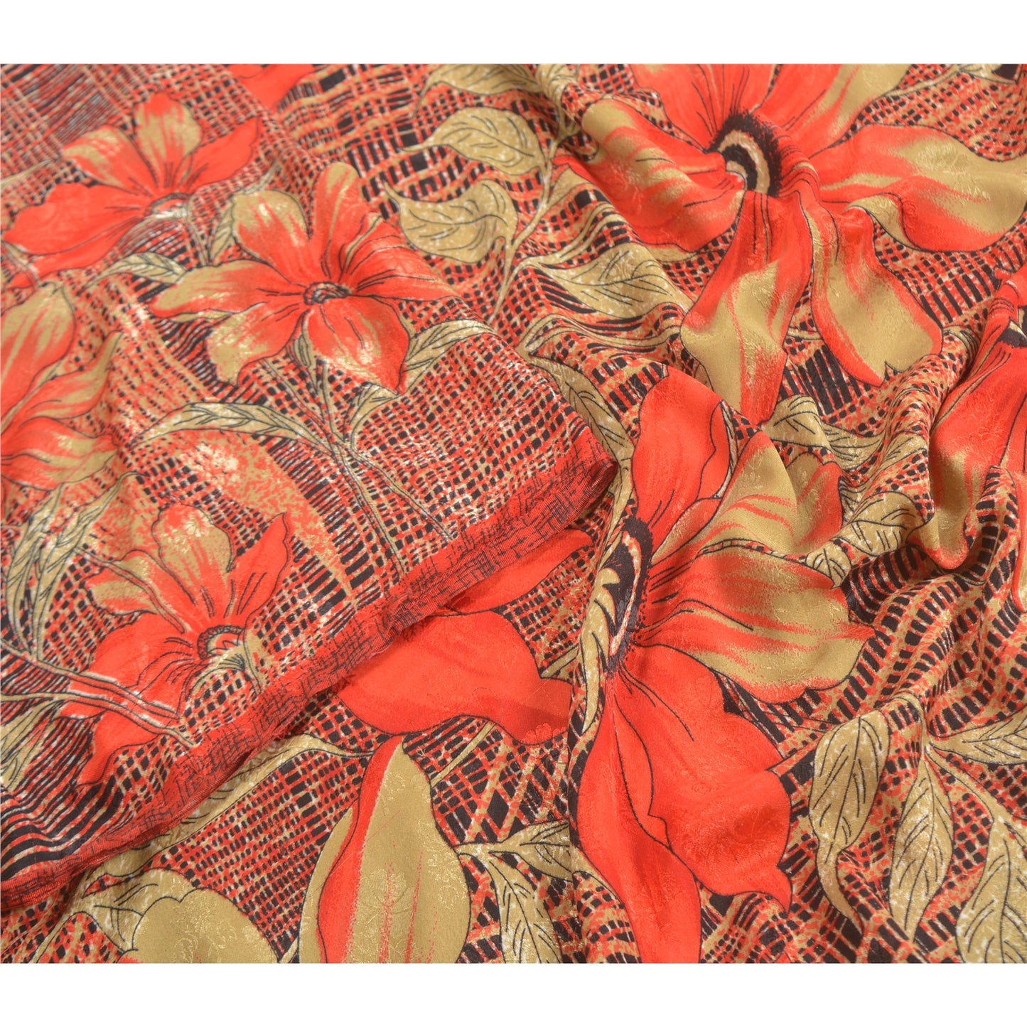 Sanskriti Vintage Red Sarees Moss Crepe Sari Printed Floral Soft Craft Fabric