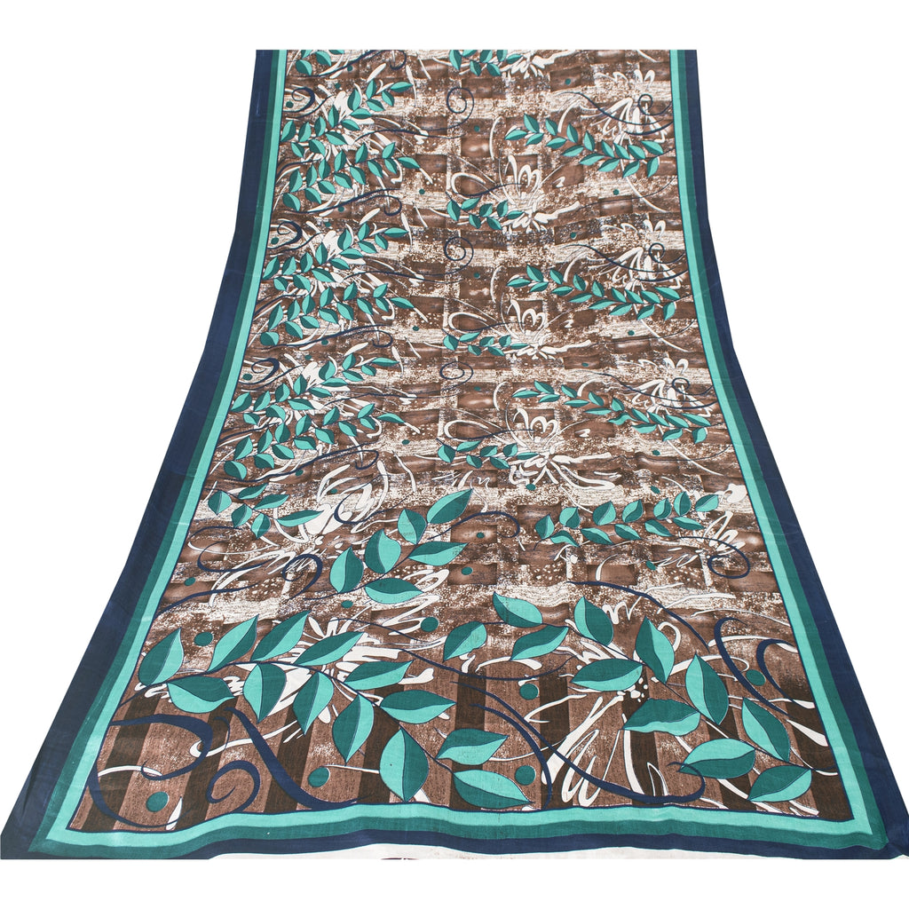Sanskriti Vintage Brown Sarees Moss Crepe Sari Printed Floral Soft Craft Fabric
