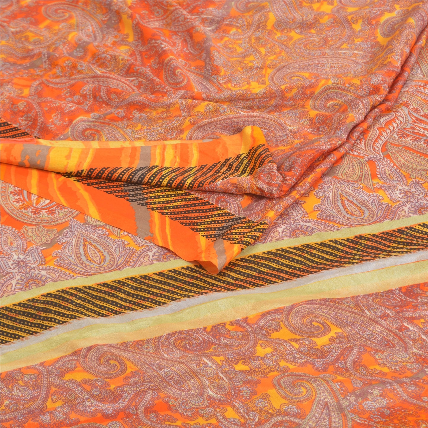 Sanskriti Vintage Orange Sarees Moss Crepe Sari Printed Floral Soft Craft Fabric