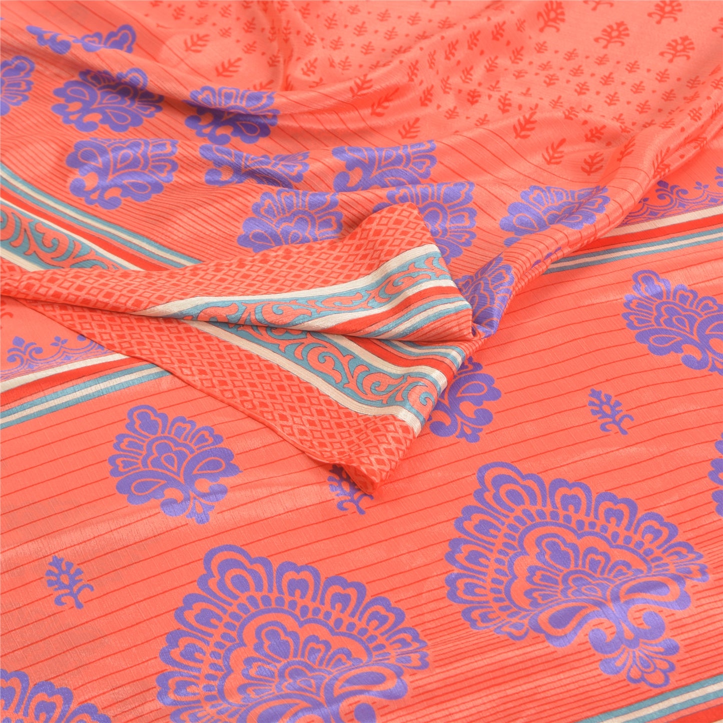 Sanskriti Vintage Sarees Peach Indian Moss Crepe Sari Printed Soft Craft Fabric
