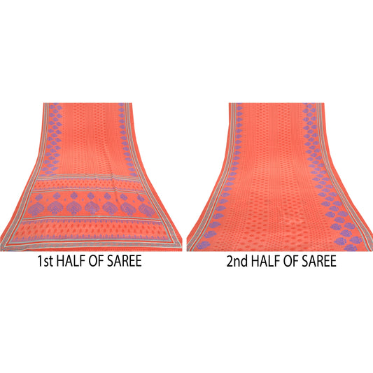 Sanskriti Vintage Sarees Peach Indian Moss Crepe Sari Printed Soft Craft Fabric