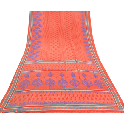 Sanskriti Vintage Sarees Peach Indian Moss Crepe Sari Printed Soft Craft Fabric