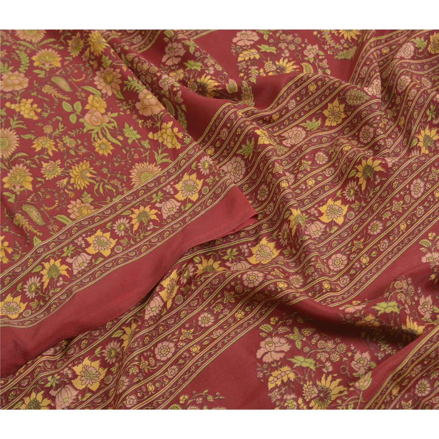 Sanskriti Vintage Sarees Dark Red Indian Moss Crepe Sari Printed Craft Fabric
