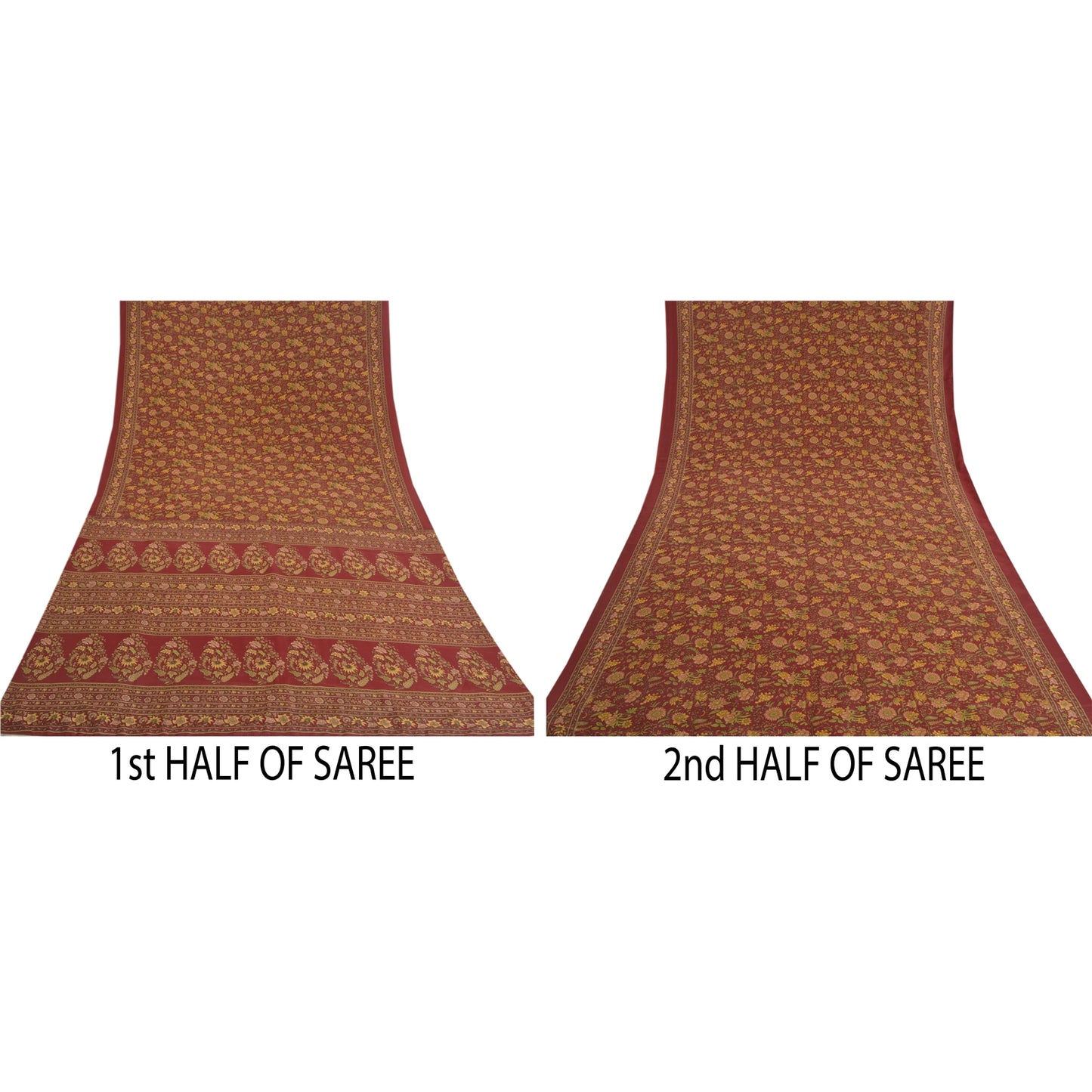 Sanskriti Vintage Sarees Dark Red Indian Moss Crepe Sari Printed Craft Fabric