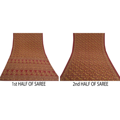 Sanskriti Vintage Sarees Dark Red Indian Moss Crepe Sari Printed Craft Fabric