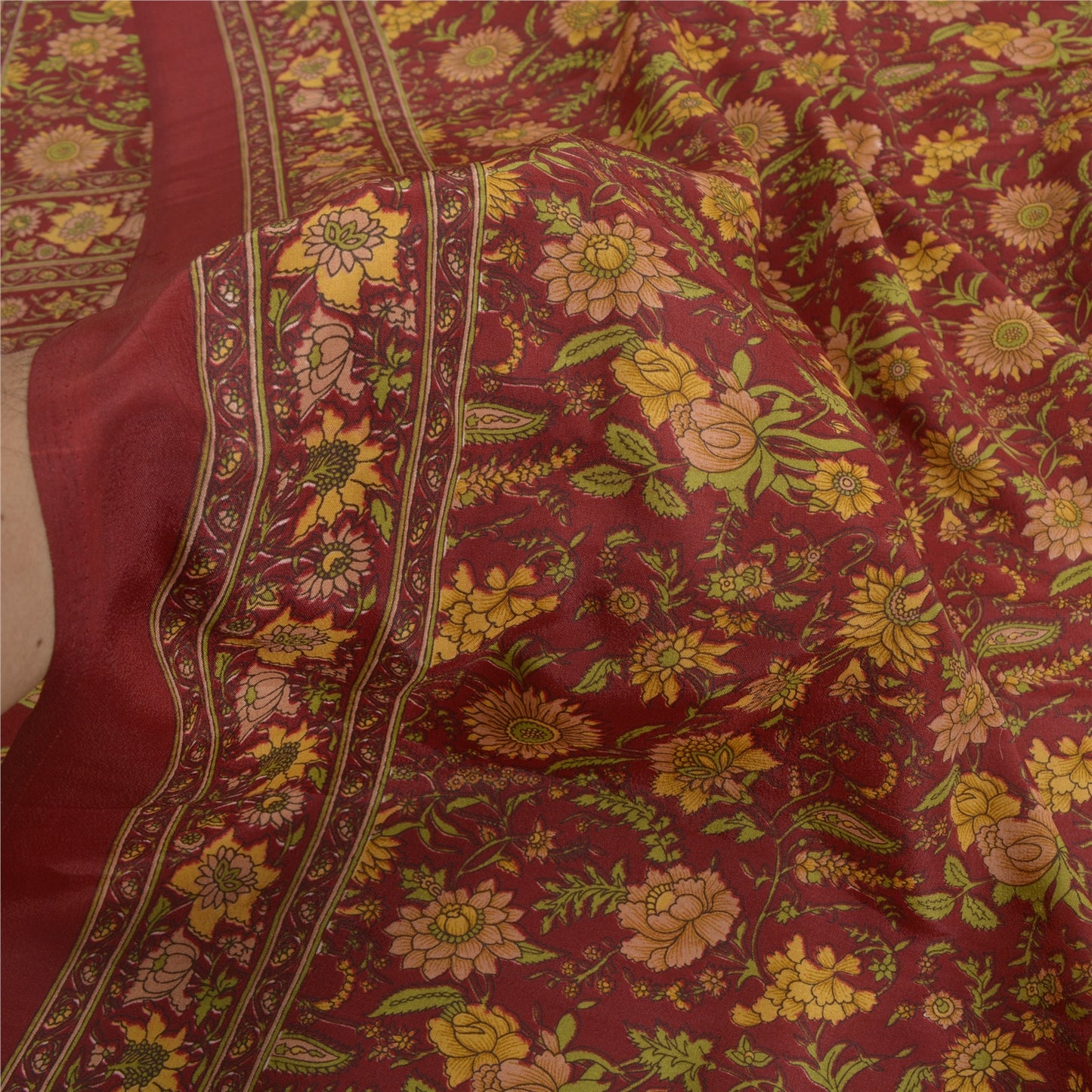 Sanskriti Vintage Sarees Dark Red Indian Moss Crepe Sari Printed Craft Fabric