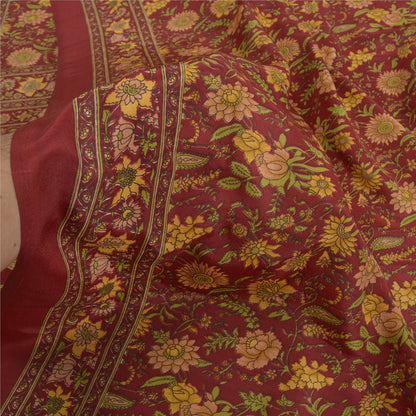 Sanskriti Vintage Sarees Dark Red Indian Moss Crepe Sari Printed Craft Fabric