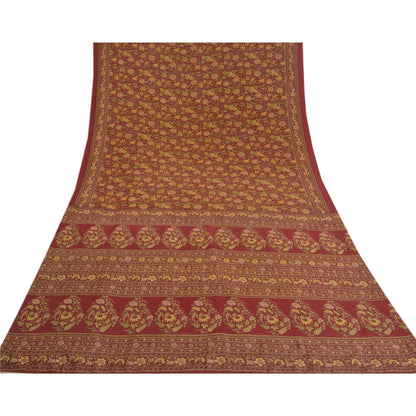 Sanskriti Vintage Sarees Dark Red Indian Moss Crepe Sari Printed Craft Fabric