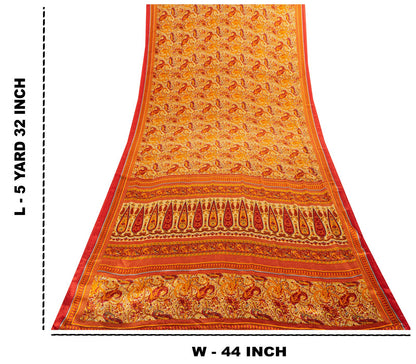 Sanskriti Vintage Orange Moss Crepe Saree Paisley Printed Fabric 5.5+ Yard Sari
