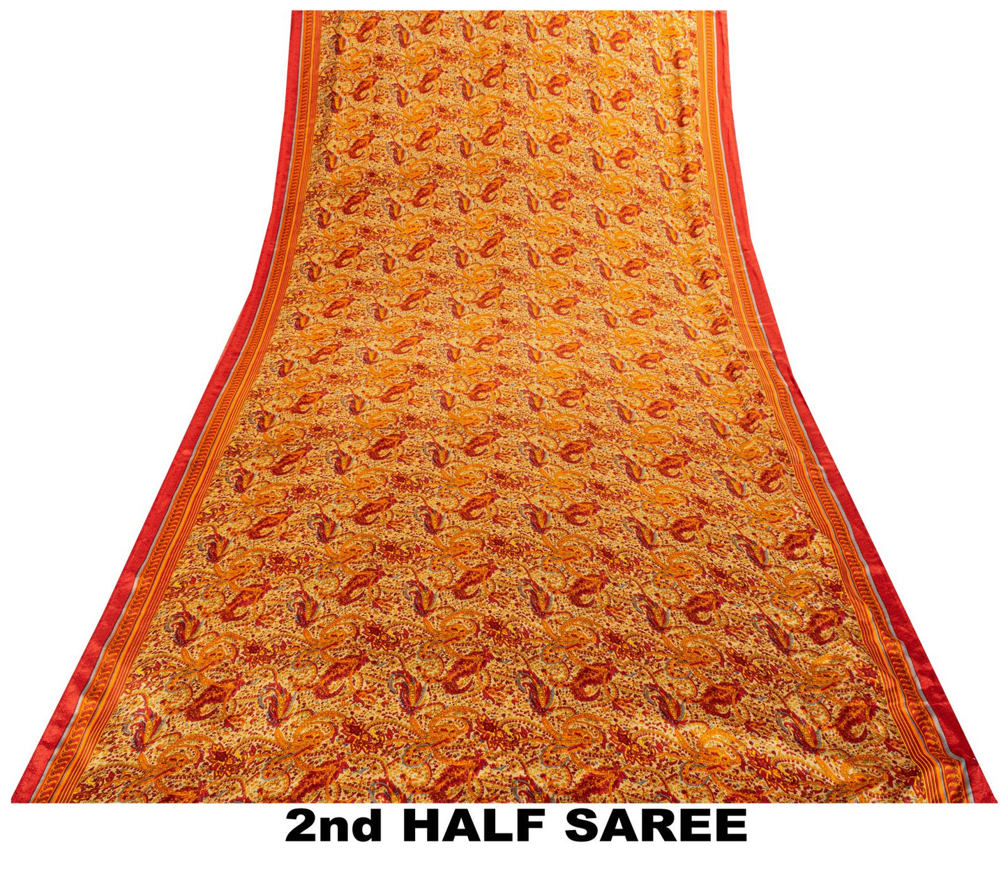 Sanskriti Vintage Orange Moss Crepe Saree Paisley Printed Fabric 5.5+ Yard Sari