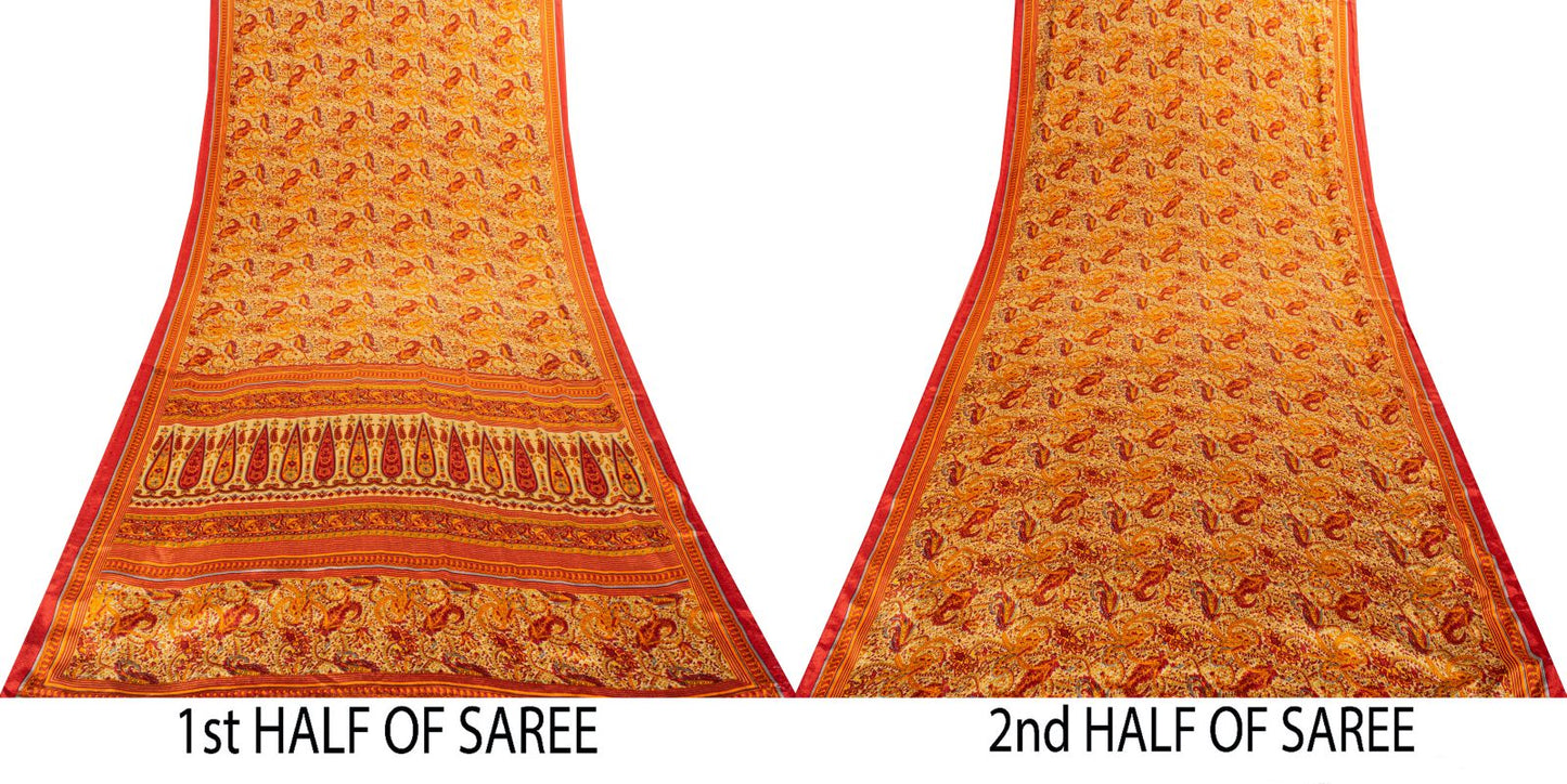 Sanskriti Vintage Orange Moss Crepe Saree Paisley Printed Fabric 5.5+ Yard Sari