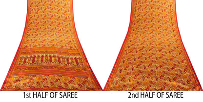 Sanskriti Vintage Orange Moss Crepe Saree Paisley Printed Fabric 5.5+ Yard Sari