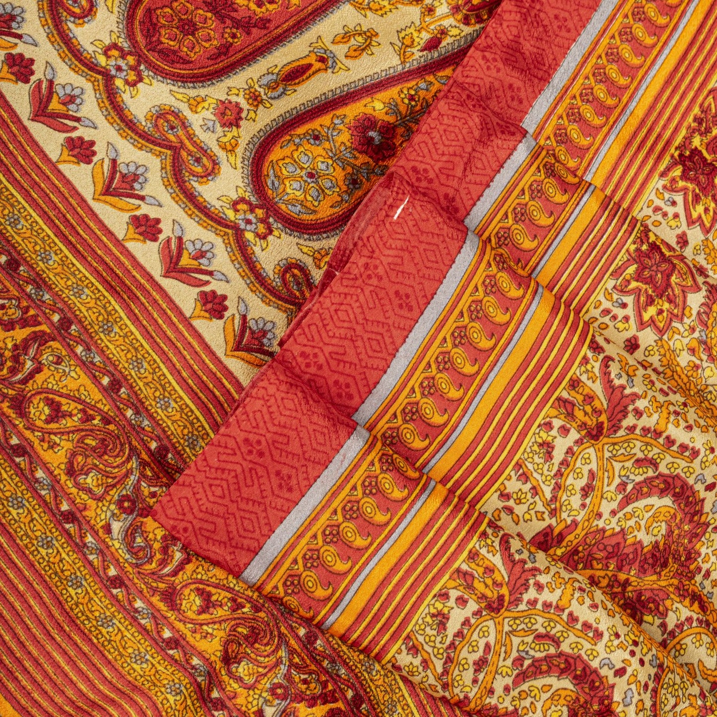 Sanskriti Vintage Orange Moss Crepe Saree Paisley Printed Fabric 5.5+ Yard Sari