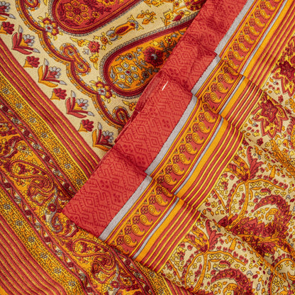 Sanskriti Vintage Orange Moss Crepe Saree Paisley Printed Fabric 5.5+ Yard Sari