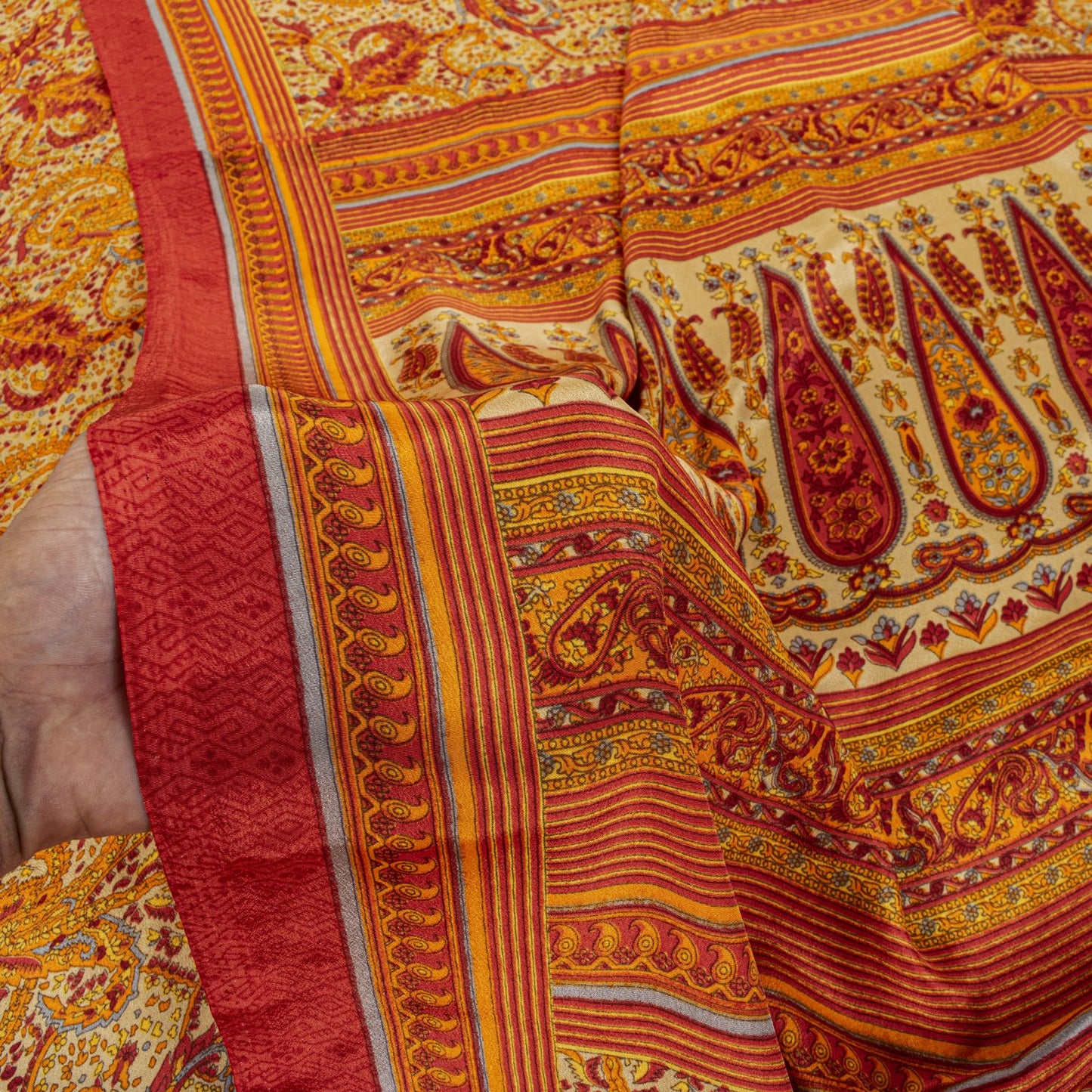 Sanskriti Vintage Orange Moss Crepe Saree Paisley Printed Fabric 5.5+ Yard Sari