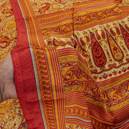 Sanskriti Vintage Orange Moss Crepe Saree Paisley Printed Fabric 5.5+ Yard Sari