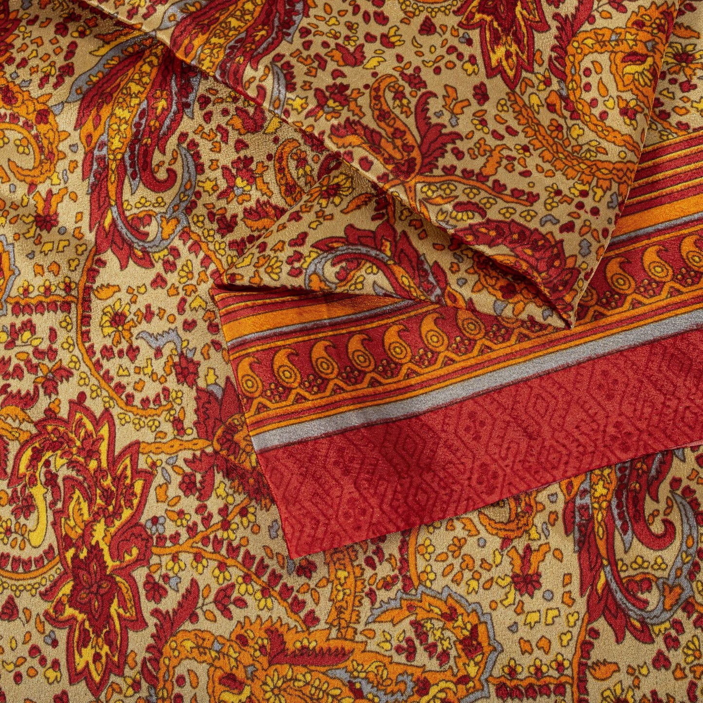 Sanskriti Vintage Orange Moss Crepe Saree Paisley Printed Fabric 5.5+ Yard Sari