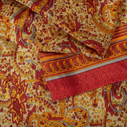 Sanskriti Vintage Orange Moss Crepe Saree Paisley Printed Fabric 5.5+ Yard Sari