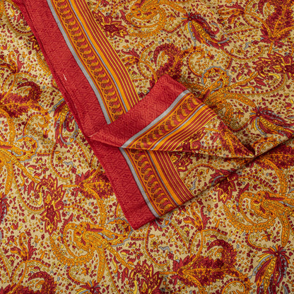 Sanskriti Vintage Orange Moss Crepe Saree Paisley Printed Fabric 5.5+ Yard Sari
