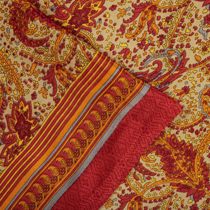 Sanskriti Vintage Orange Moss Crepe Saree Paisley Printed Fabric 5.5+ Yard Sari