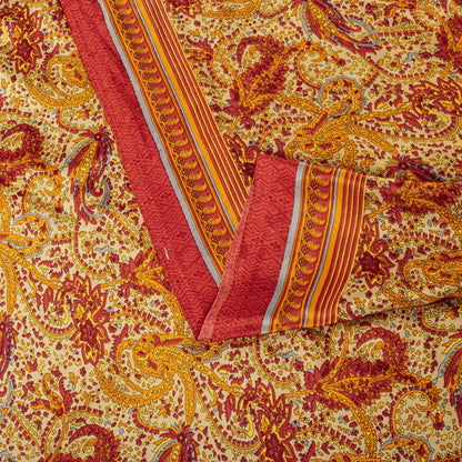 Sanskriti Vintage Orange Moss Crepe Saree Paisley Printed Fabric 5.5+ Yard Sari