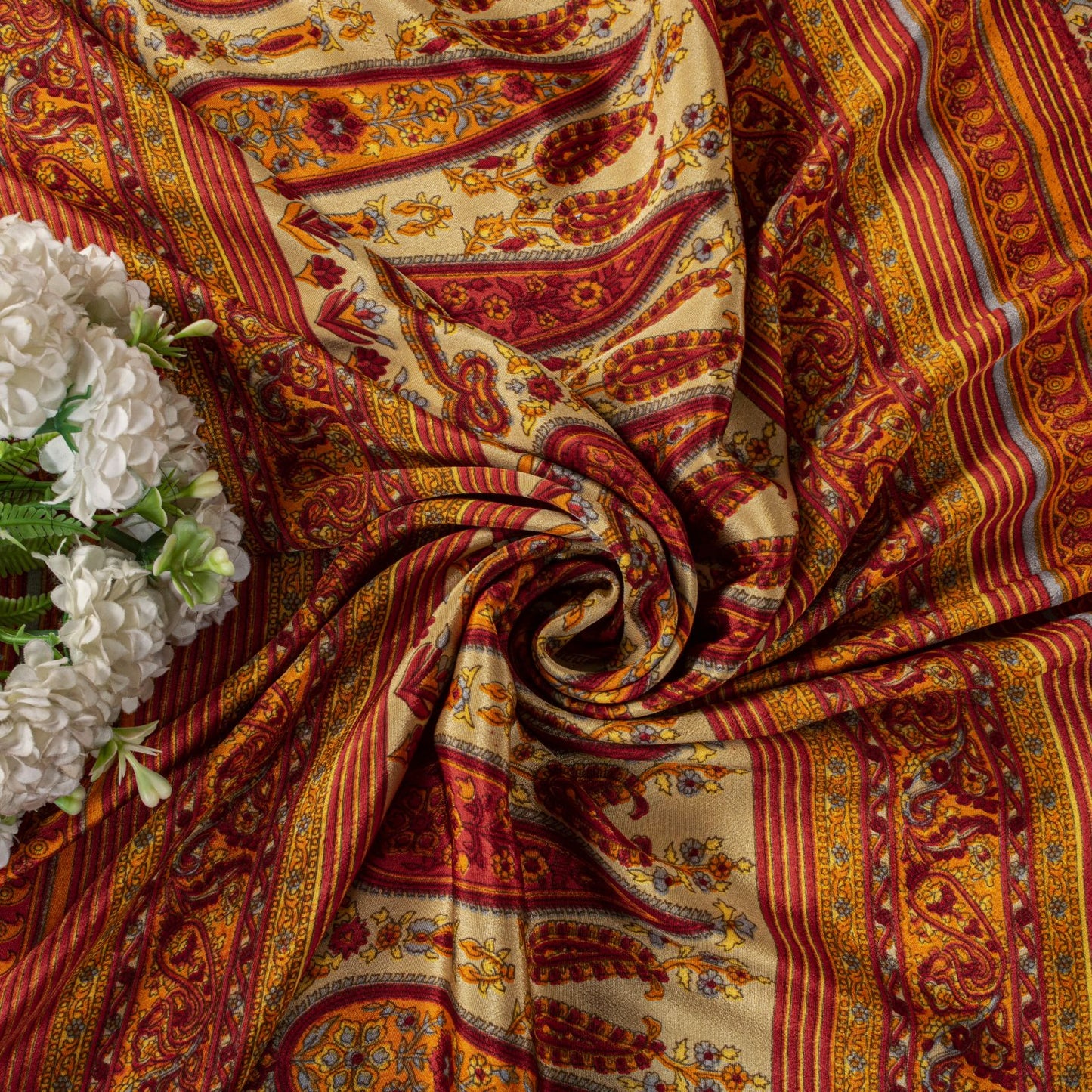 Sanskriti Vintage Orange Moss Crepe Saree Paisley Printed Fabric 5.5+ Yard Sari