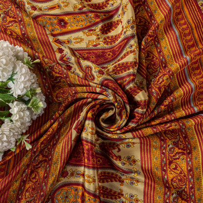 Sanskriti Vintage Orange Moss Crepe Saree Paisley Printed Fabric 5.5+ Yard Sari