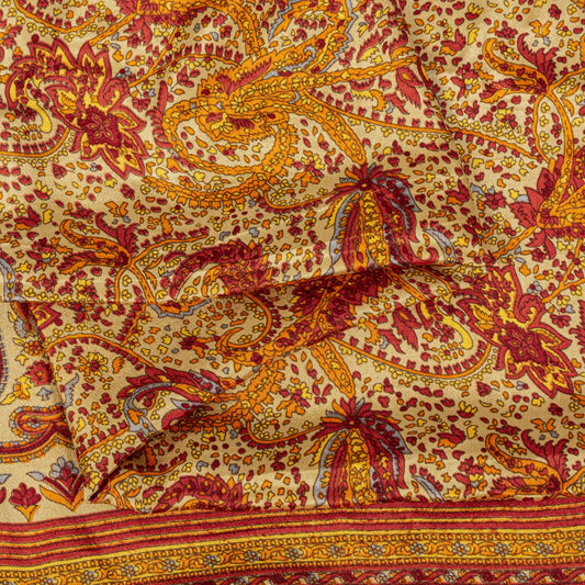 Sanskriti Vintage Orange Moss Crepe Saree Paisley Printed Fabric 5.5+ Yard Sari