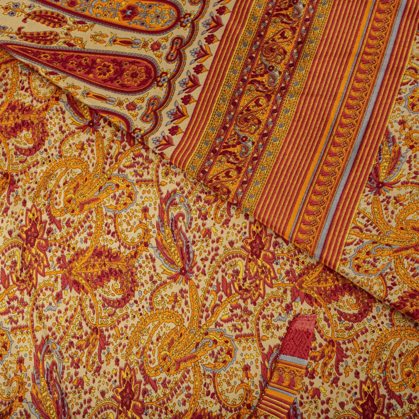 Sanskriti Vintage Orange Moss Crepe Saree Paisley Printed Fabric 5.5+ Yard Sari
