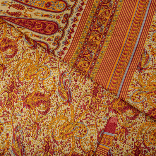 Sanskriti Vintage Orange Moss Crepe Saree Paisley Printed Fabric 5.5+ Yard Sari