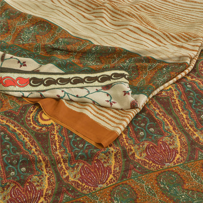 Sanskriti Vintage Sarees Ivory Indian Moss Crepe Sari Printed Soft Craft Fabric