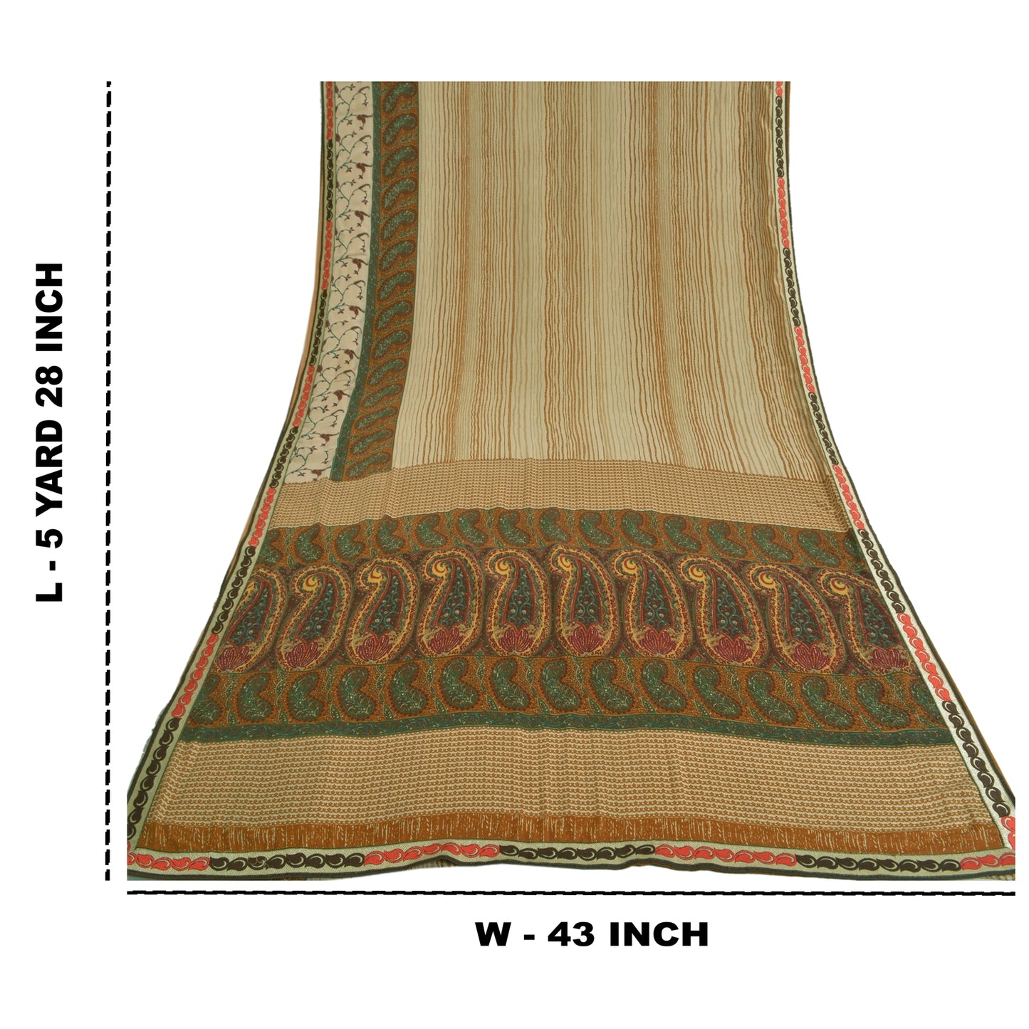 Sanskriti Vintage Sarees Ivory Indian Moss Crepe Sari Printed Soft Craft Fabric