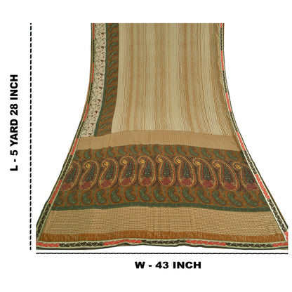Sanskriti Vintage Sarees Ivory Indian Moss Crepe Sari Printed Soft Craft Fabric