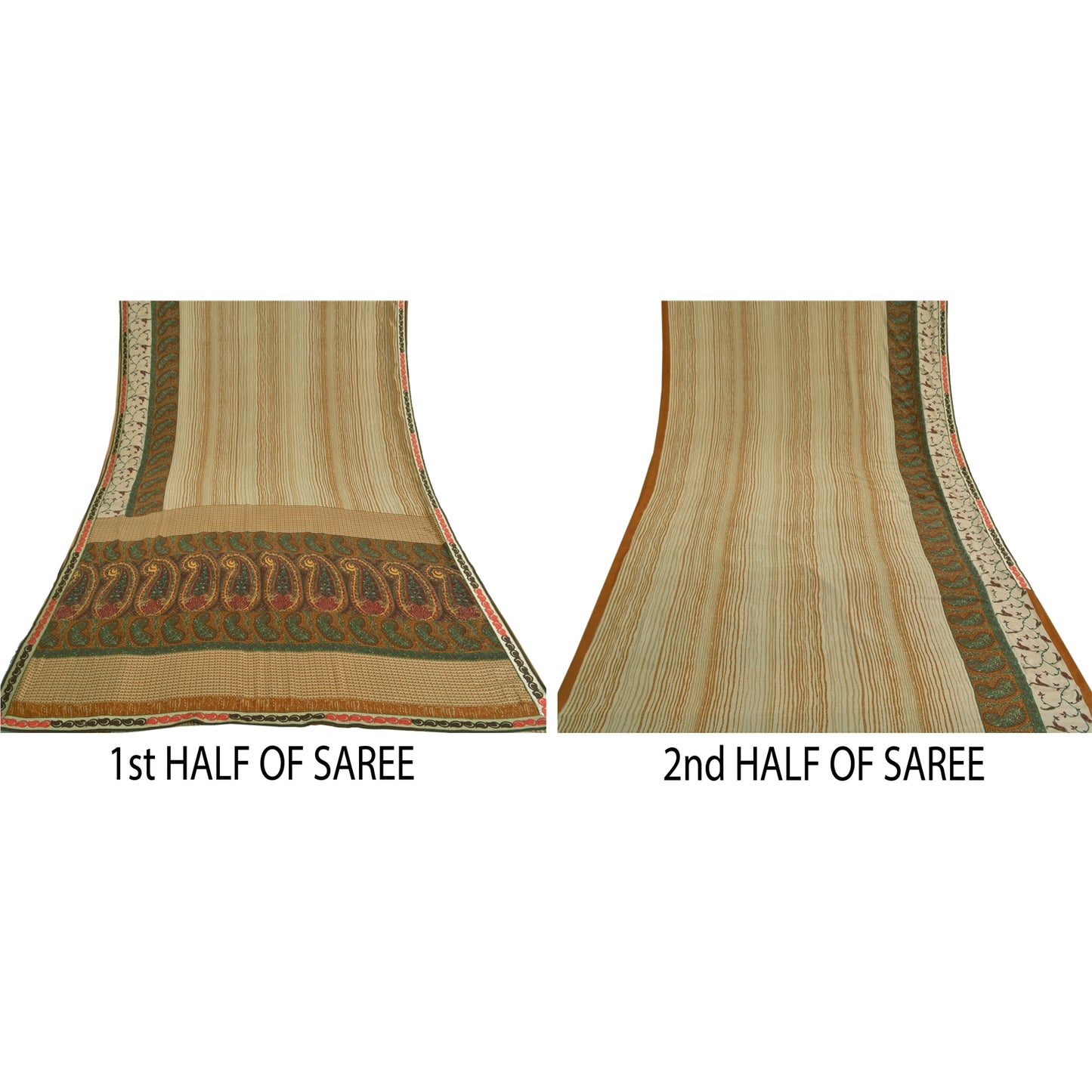 Sanskriti Vintage Sarees Ivory Indian Moss Crepe Sari Printed Soft Craft Fabric